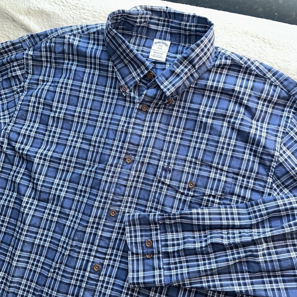 Brooks Brothers Original Polo Plaid Blue White Mens Button Up Shirt XXL 2XL